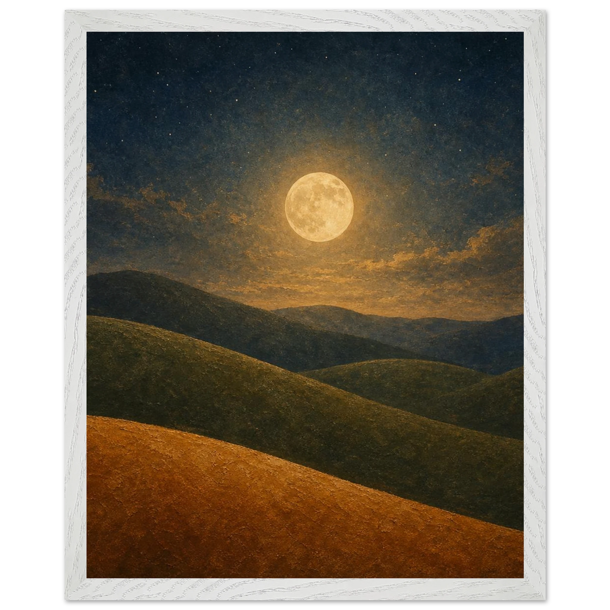 Moon Hills: night, minimalist landscape and charcoal. Framed fine art print by The Light Stays.