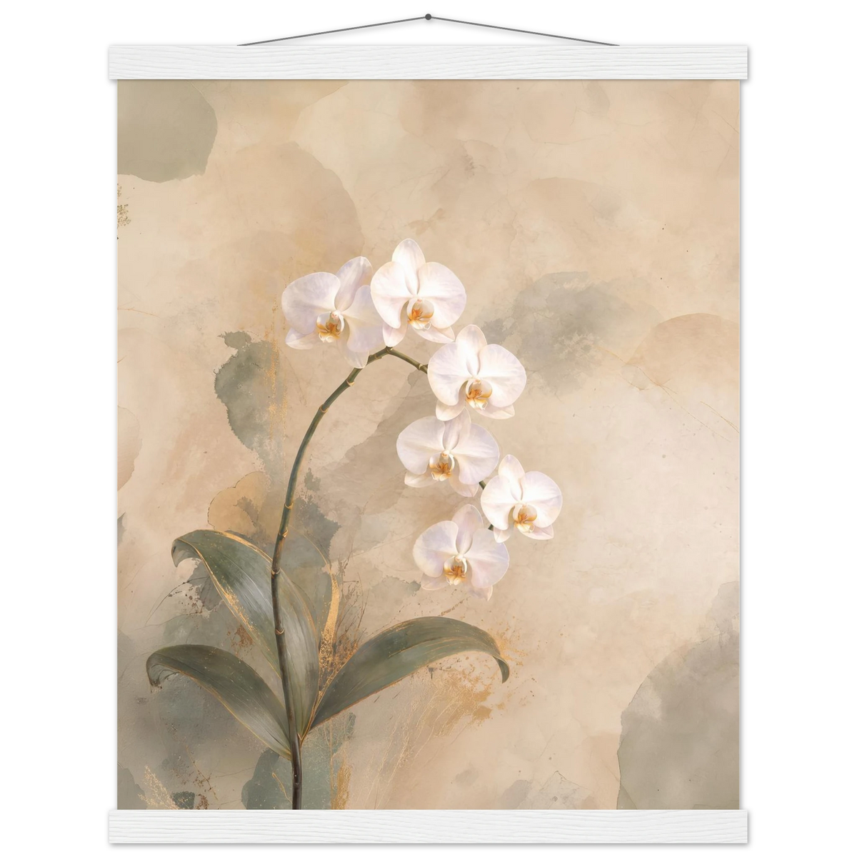 Orchid Luminance: botanical, pale gold and floral art. Fine art poster with wooden hanger by The Light Stays.
