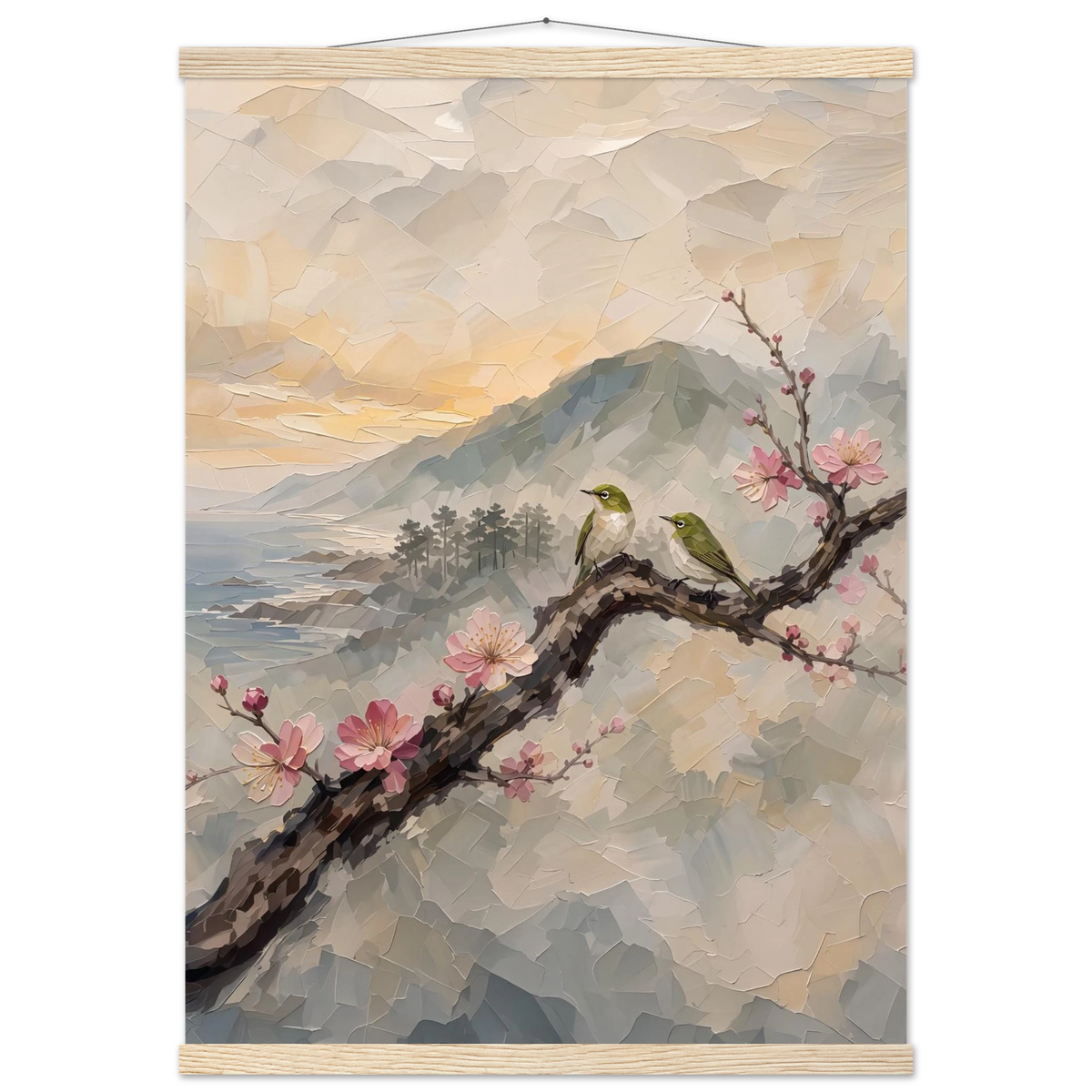 Plum Branch Pair: birds, japanese landscape and japandi. Fine art poster with wooden hanger by The Light Stays.