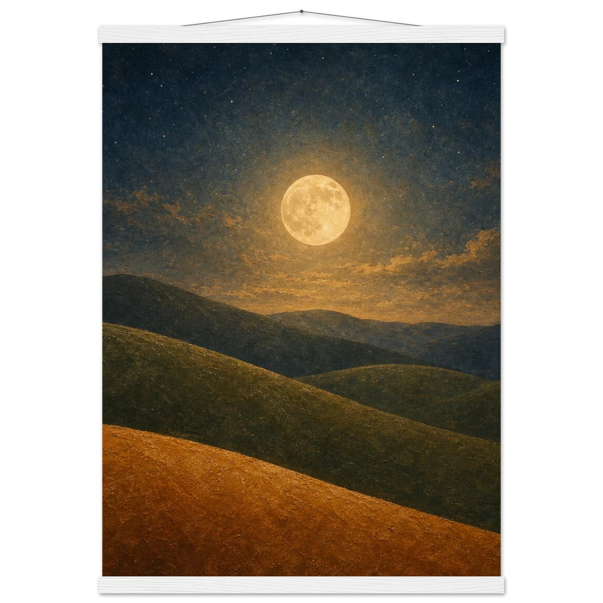Moon Hills: night, minimalist landscape and charcoal. Fine art poster with wooden hanger by The Light Stays.