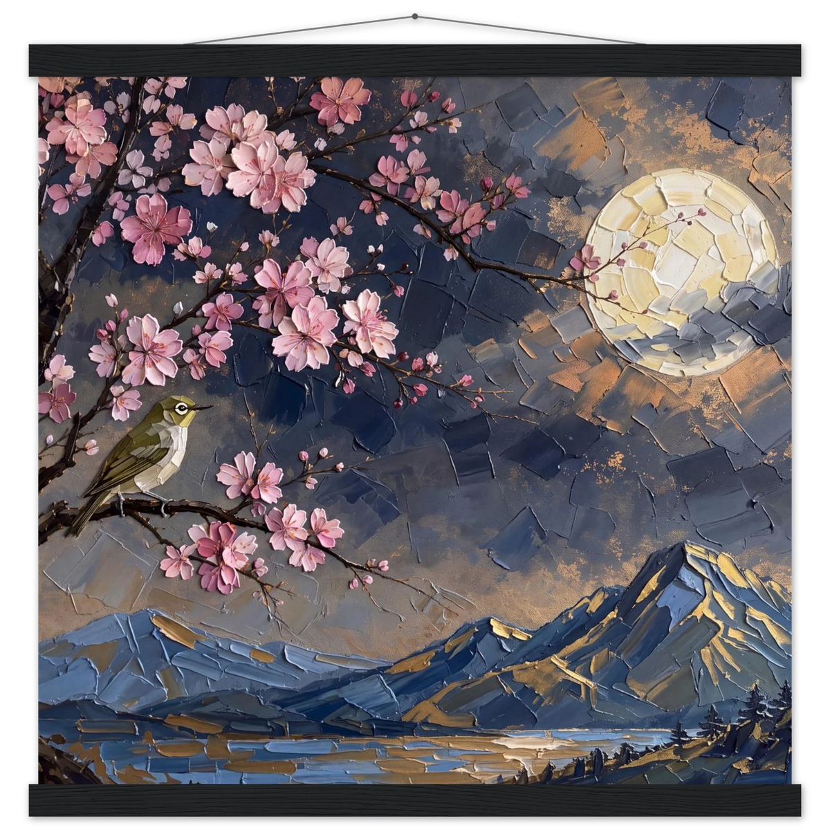Blossom Moon: cherry blossom, japanese landscape and night. Fine art poster with wooden hanger by The Light Stays.