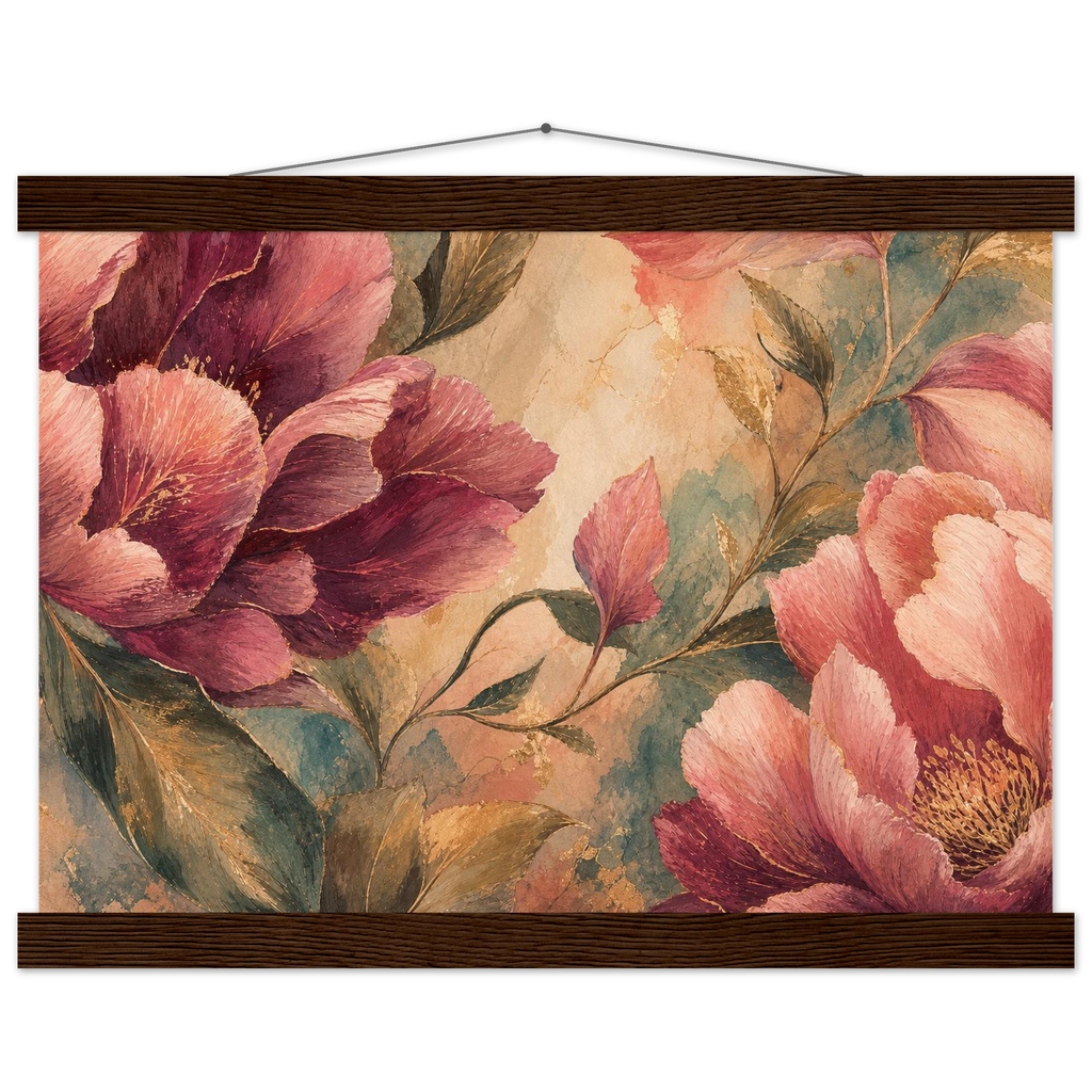 Crimson Peonies: flowers and botanical. Fine art poster, alternate frame and size.