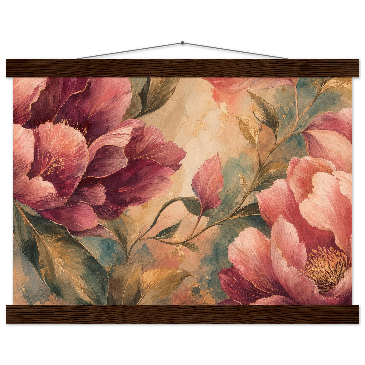 Crimson Peonies: flowers and botanical. Fine art poster, alternate frame and size.
