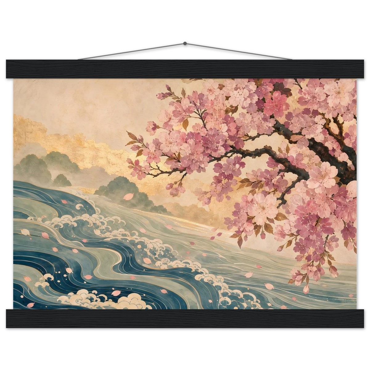 Blossom Tide: japanese art, cherry blossom and wave. Fine art poster with wooden hanger by The Light Stays.