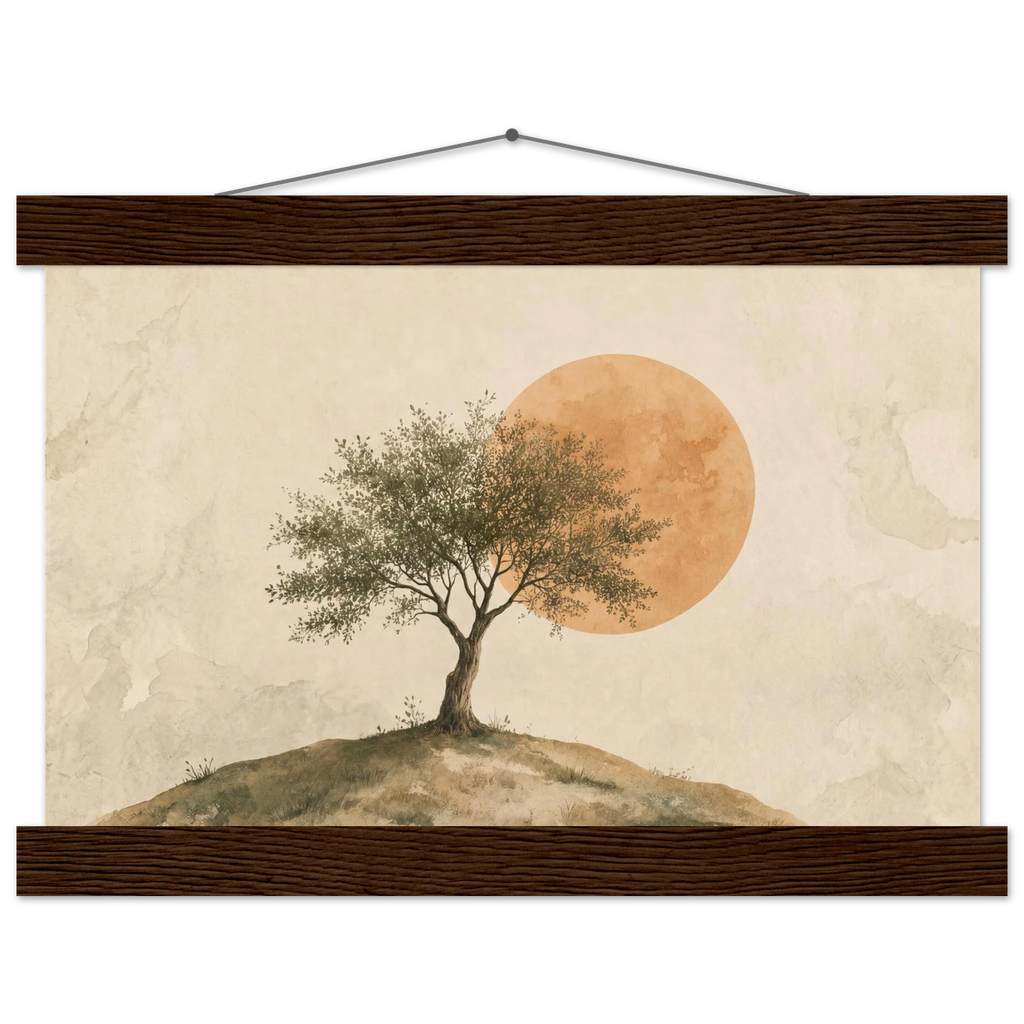 Pôster Olive Noon com suporte de madeira, oliveira diante de grande sol âmbar