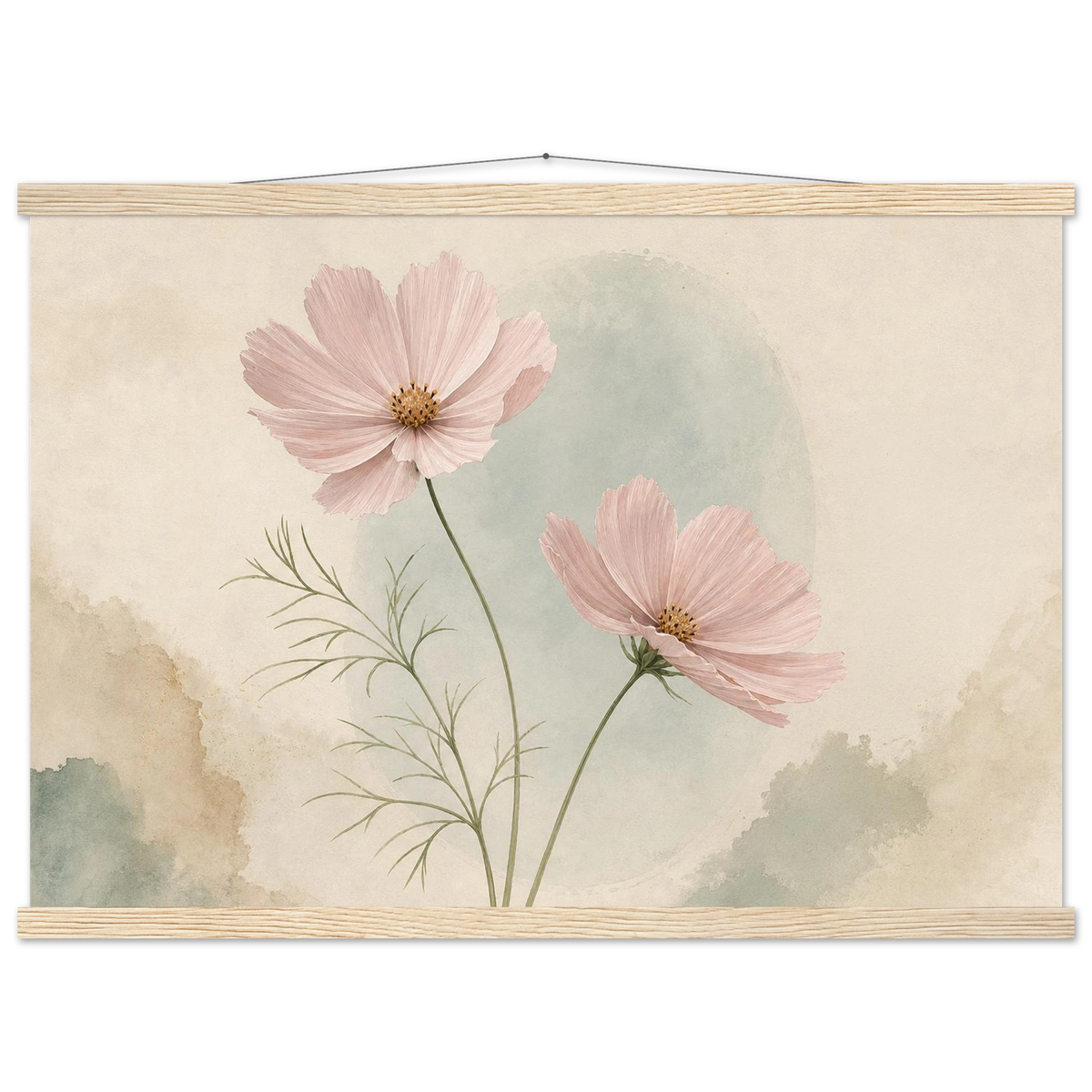 Cosmos Unison: flowers, blush and celadon. Fine art poster with wooden hanger by The Light Stays.