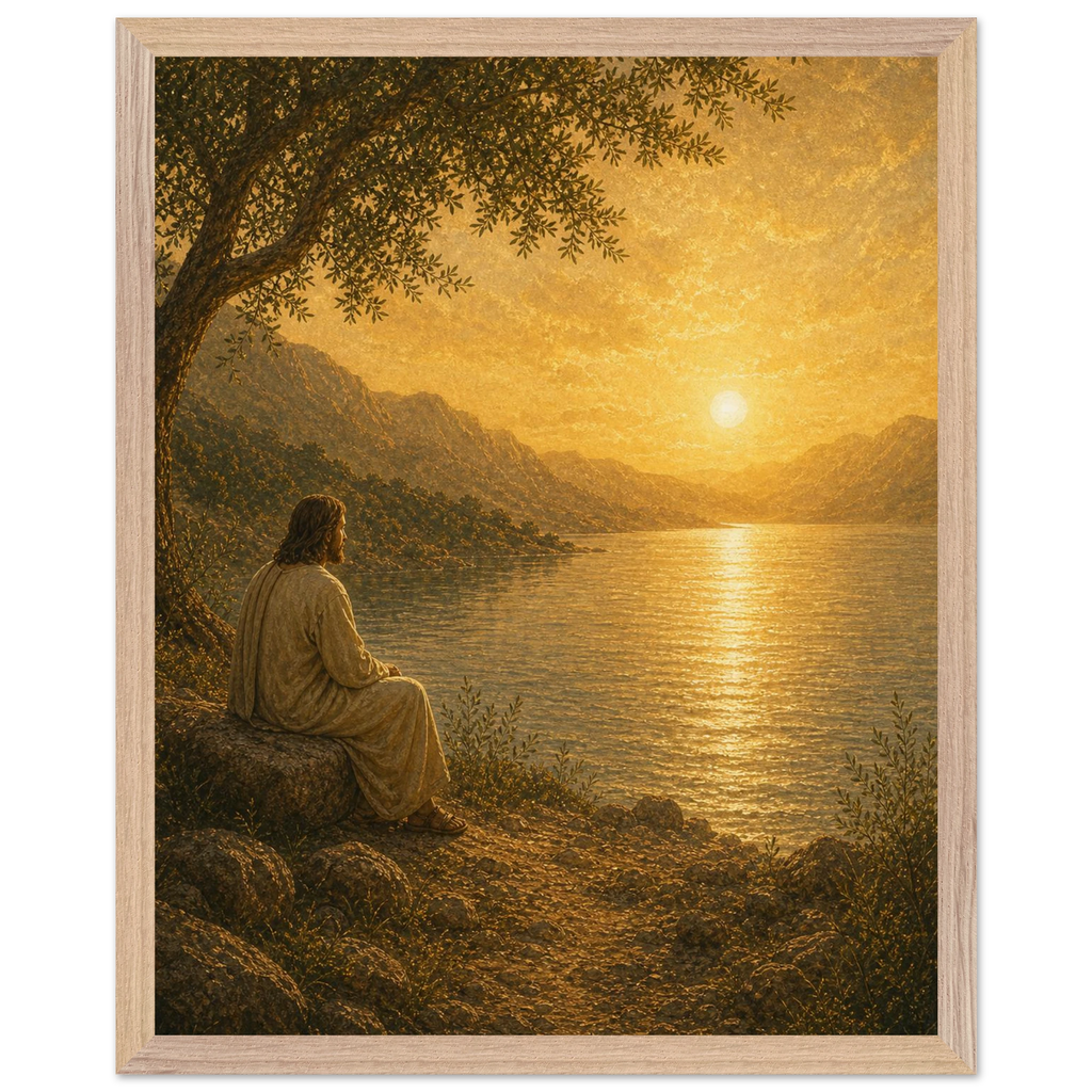 Quadro cristão Bênção do Lago, Jesus sob uma oliveira diante de um lago dourado