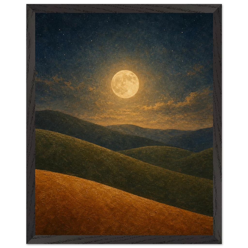 Quadro emoldurado Colinas da Lua, lua cheia sobre colinas em oliva e argila