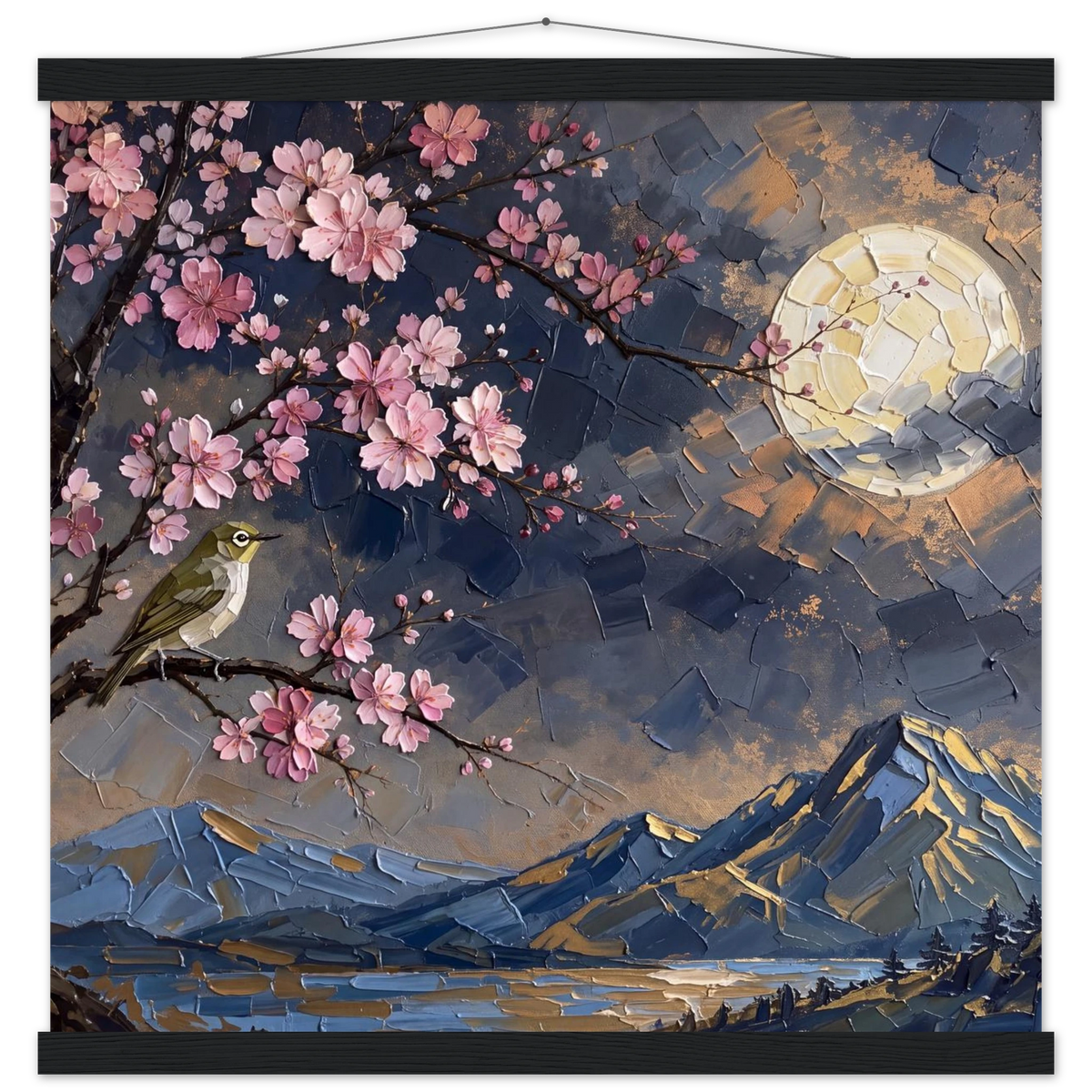 Blossom Moon: cherry blossom, japanese landscape and night. Fine art poster with wooden hanger by The Light Stays.