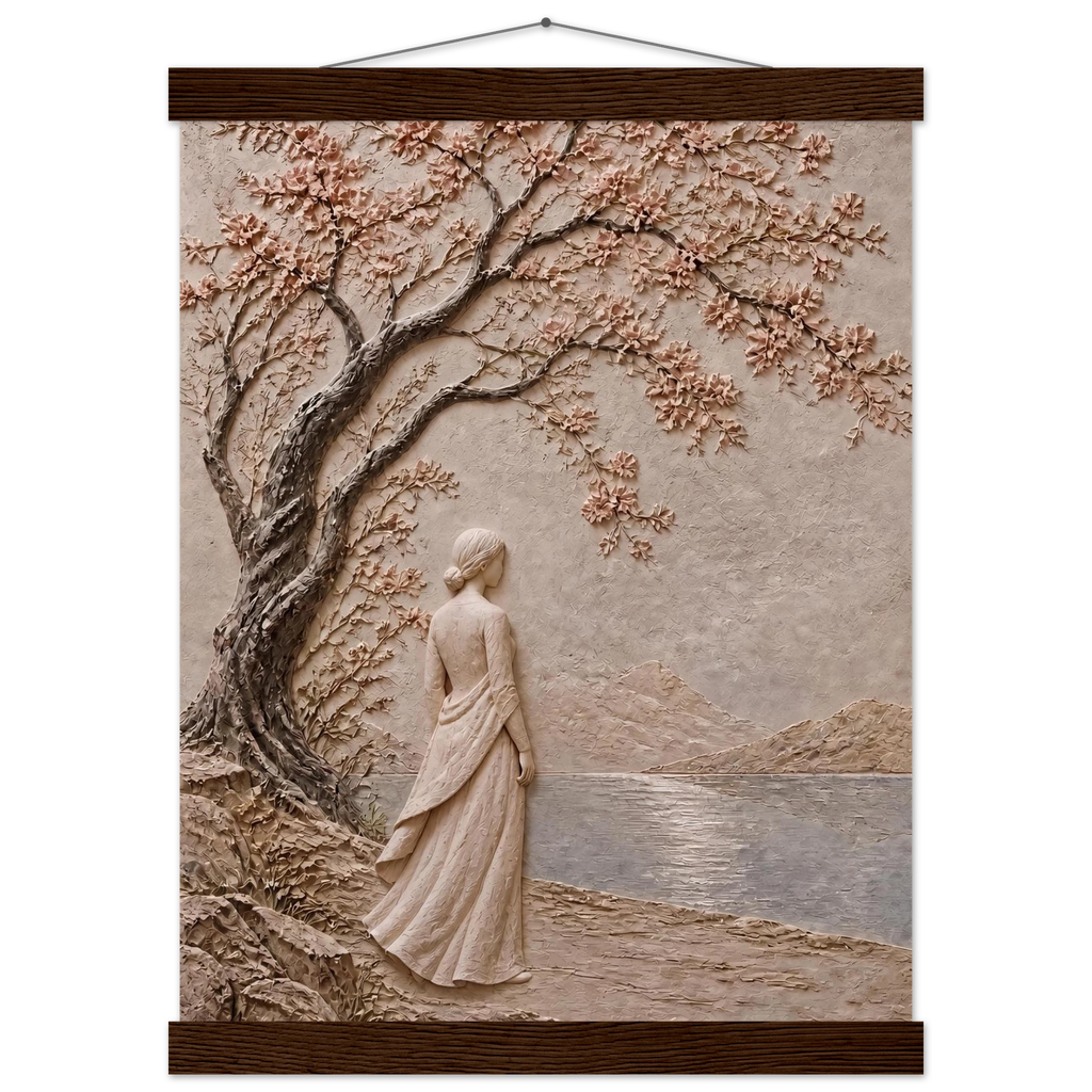 Spring Walk: impasto, lake and blossoming tree. Fine art poster, alternate frame and size.