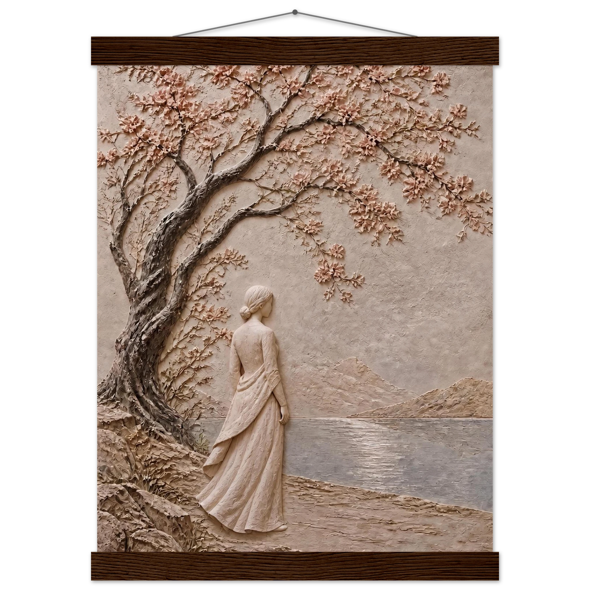Spring Walk: impasto, lake and blossoming tree. Fine art poster, alternate frame and size.