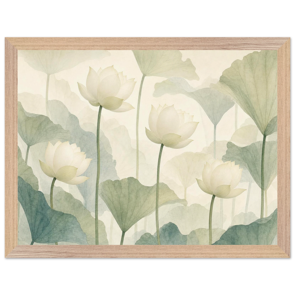Ivory Lotus Screen, flowers and botanical. Archival framed fine art print shown framed.