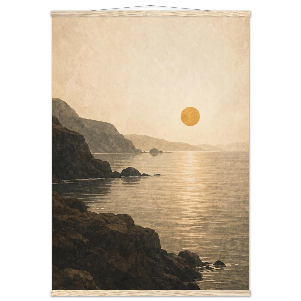 Pôster Amber Coast com suporte de madeira, pôr do sol em tons quentes sobre a costa