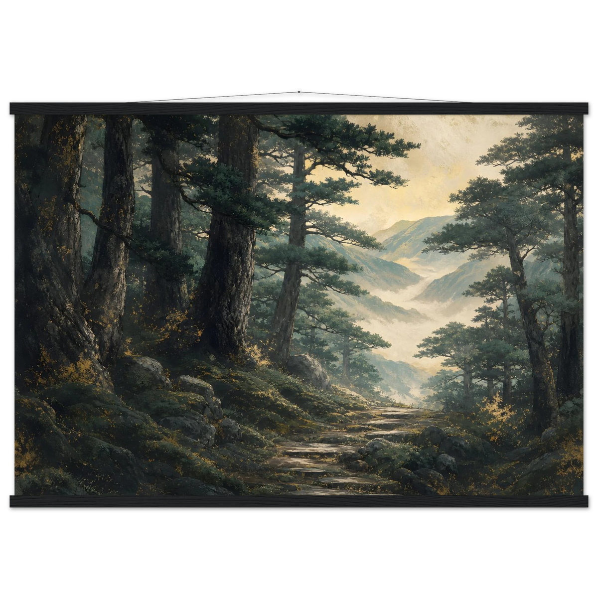 Cypress Passage, japanese art and japandi. Archival fine art poster shown framed.