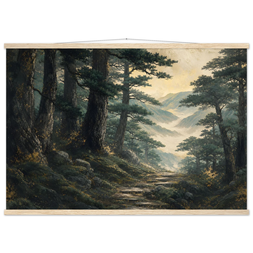 Cypress Passage, japanese art and japandi. Archival fine art poster shown framed.