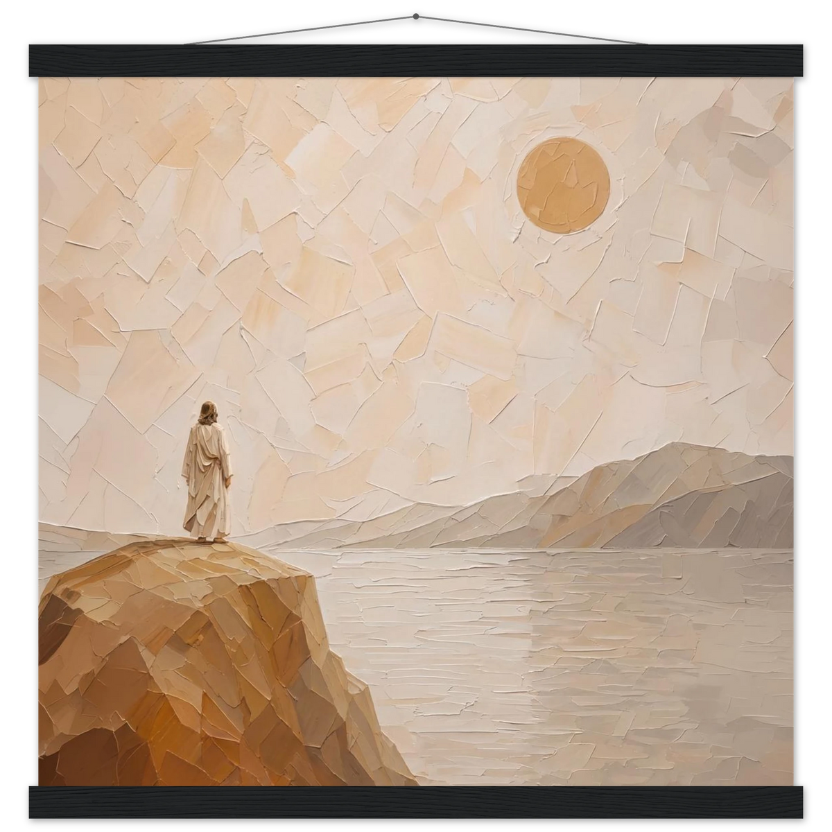 Salt Shore: jesus, cliff and sea. Fine art poster with wooden hanger by The Light Stays.
