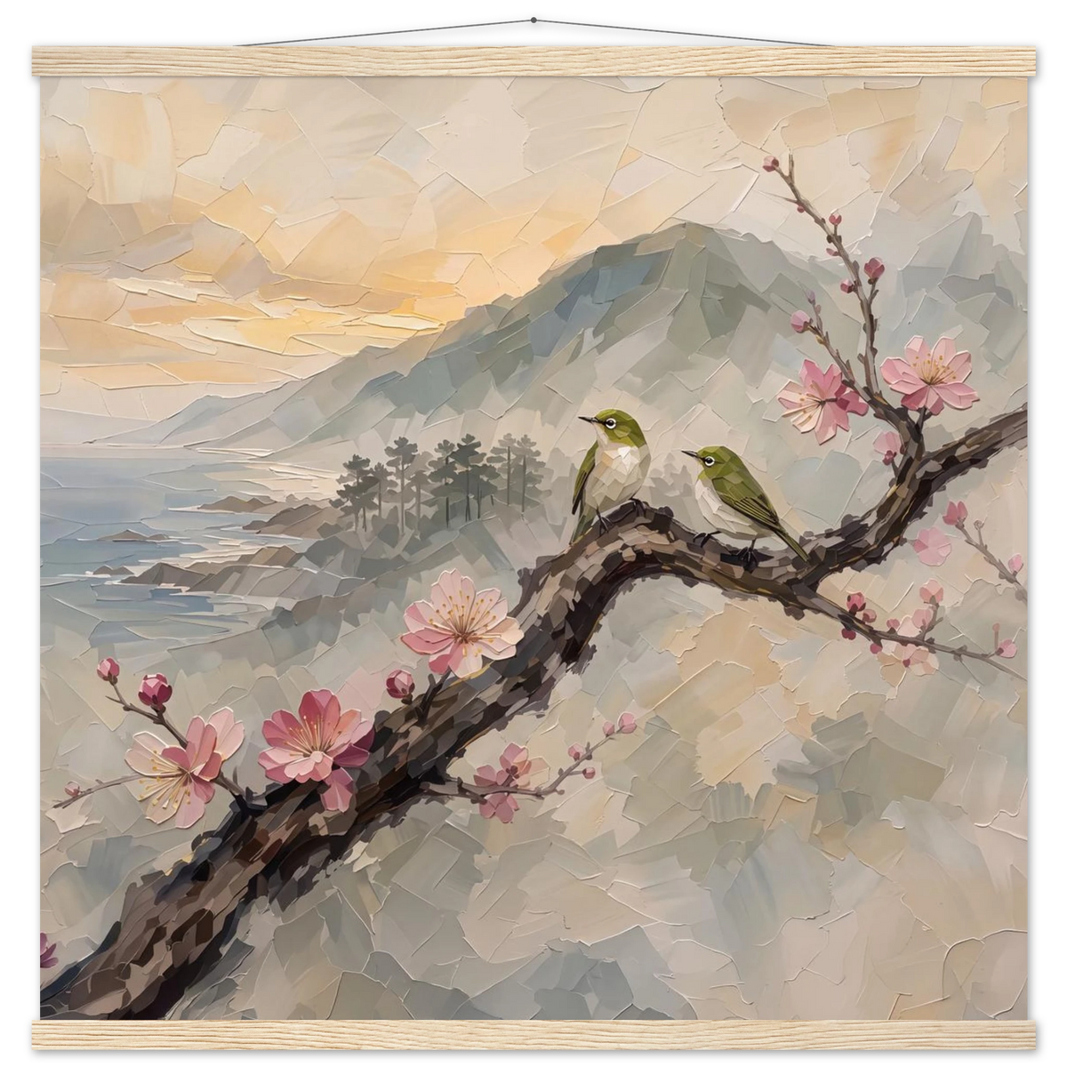 Plum Branch Pair: birds, japanese landscape and japandi. Fine art poster with wooden hanger by The Light Stays.