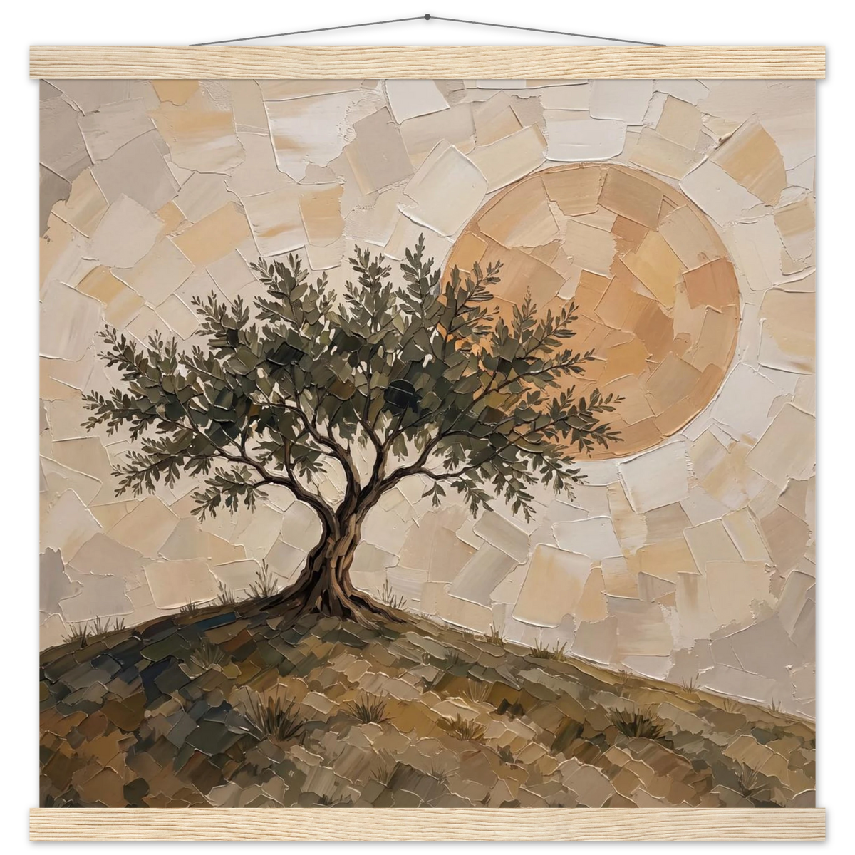 Olive Noon: hills, botanical and golden tones. Fine art poster with wooden hanger by The Light Stays.