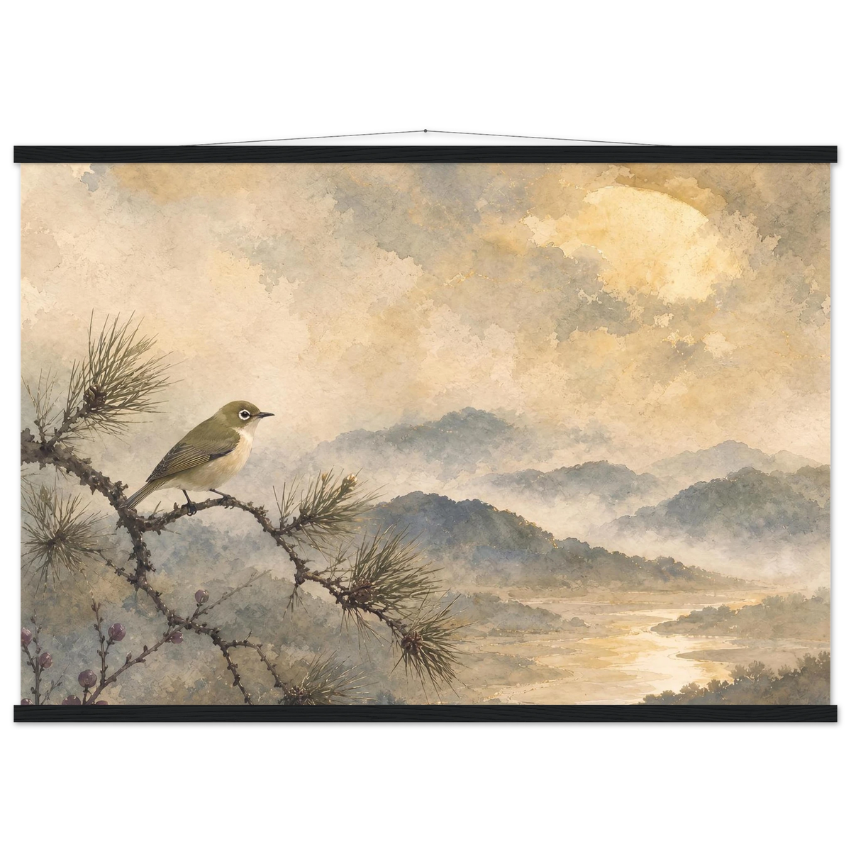 Golden Moon Bird: japanese art and japandi. Fine art poster by The Light Stays.