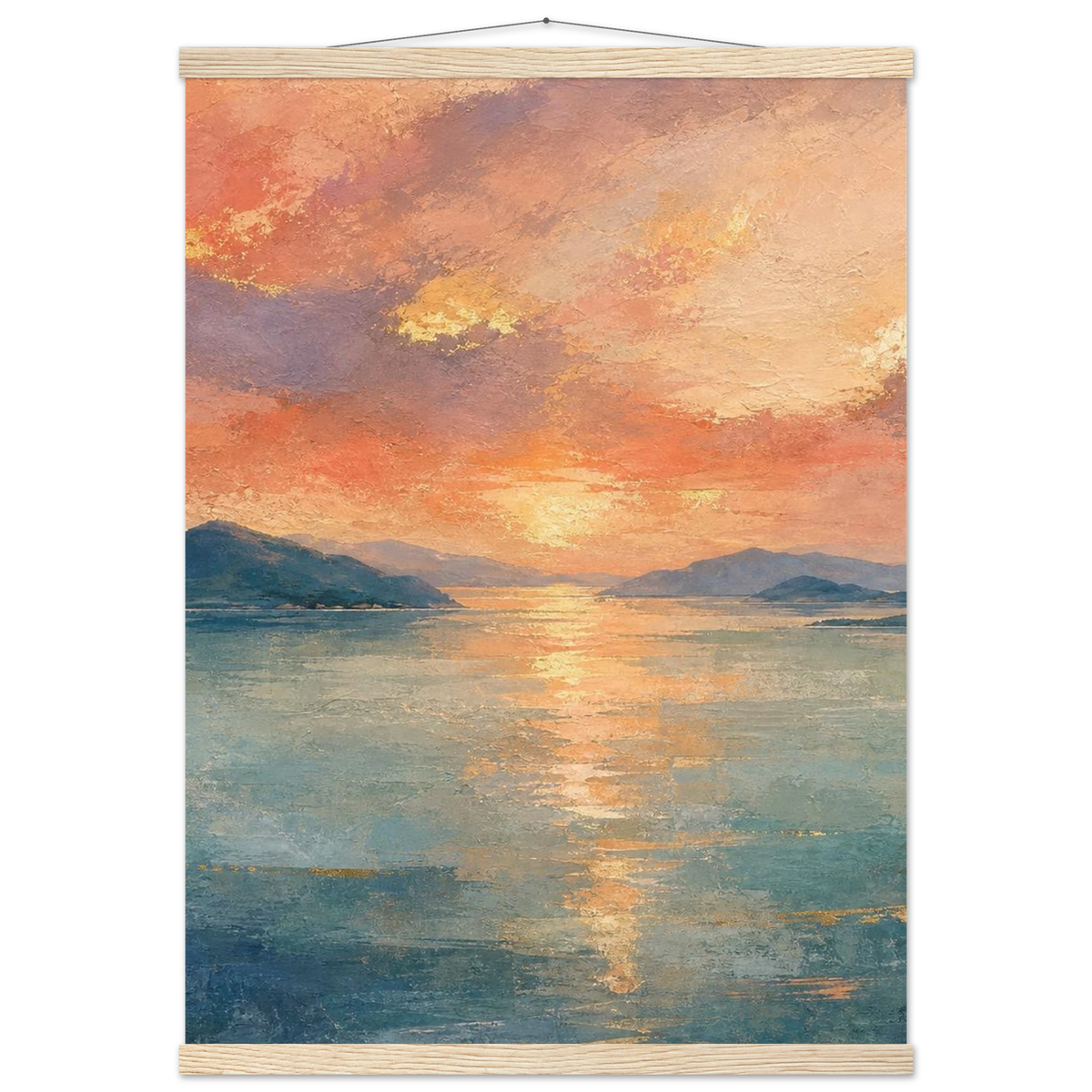 Setouchi Peach Dawn: inland sea, islands and golden reflection. Fine art poster with wooden hanger by The Light Stays.