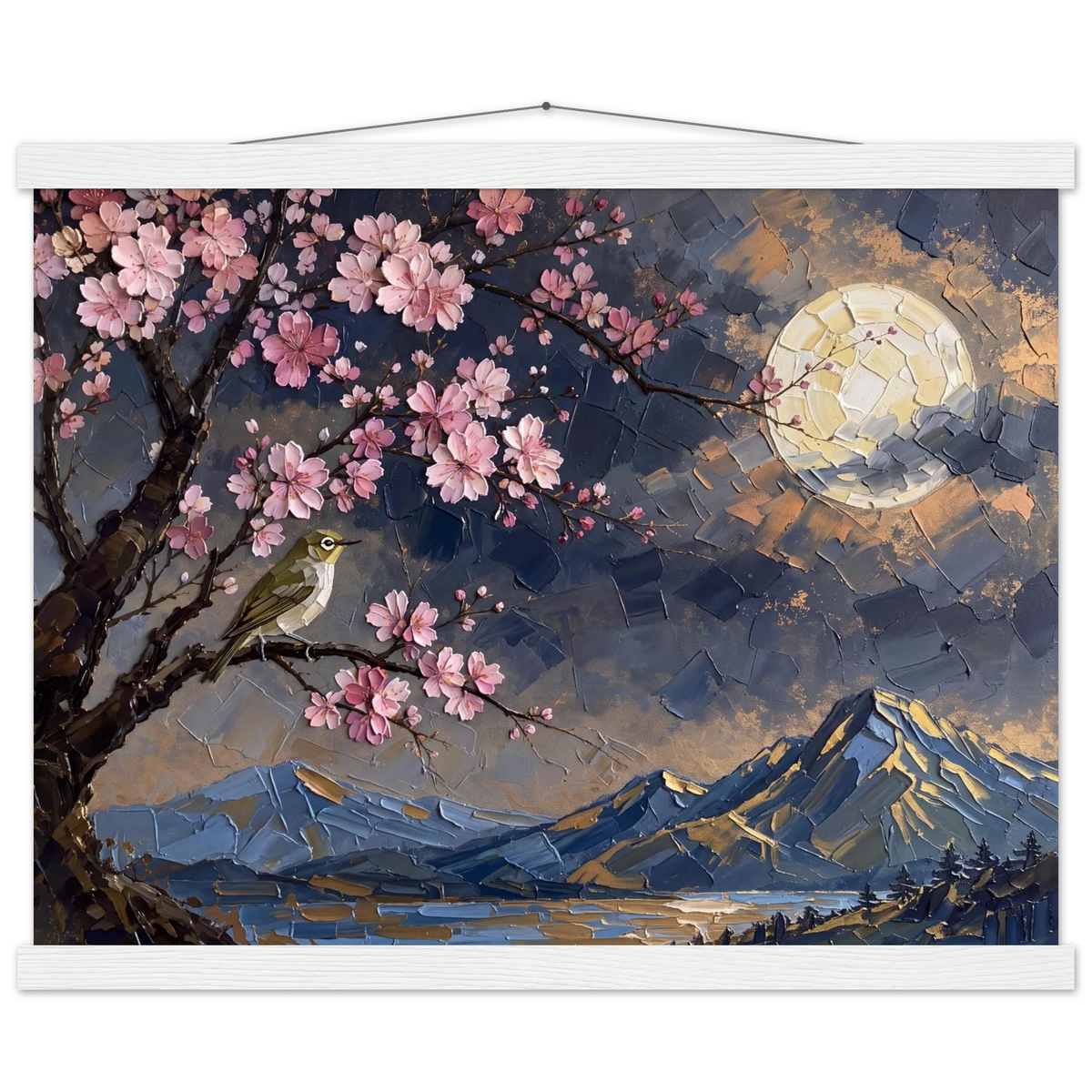 Blossom Moon: cherry blossom, japanese landscape and night. Fine art poster with wooden hanger by The Light Stays.
