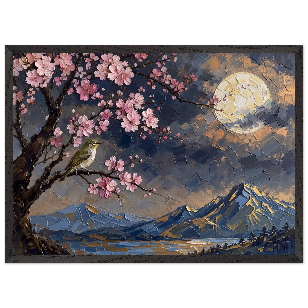 Blossom Moon: cherry blossom, japanese landscape and night. Framed fine art print by The Light Stays.