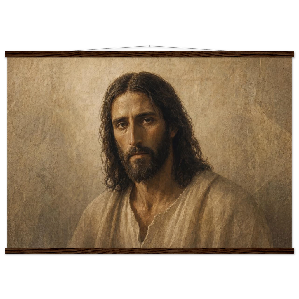 Pôster Kind Eyes com suporte de madeira, retrato sereno de Jesus em luz quente