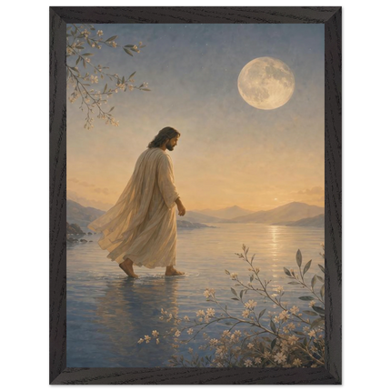Pintura de Cristo caminhando sobre águas tranquilas sob a lua cheia, com reflexo prateado na água, em quadro emoldurado