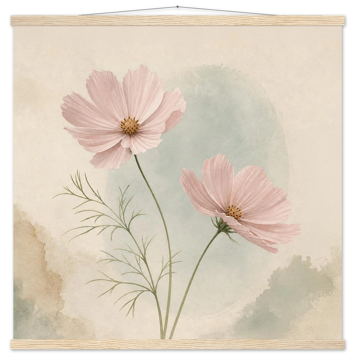 Cosmos Unison: flowers, blush and celadon. Fine art poster with wooden hanger by The Light Stays.
