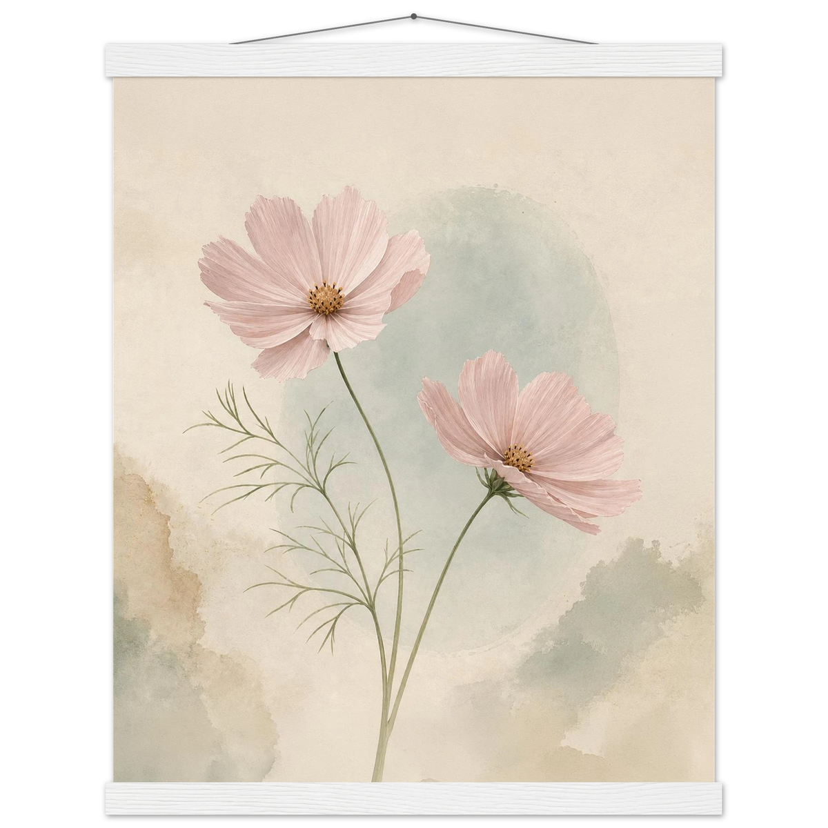 Cosmos Unison: flowers, blush and celadon. Fine art poster with wooden hanger by The Light Stays.