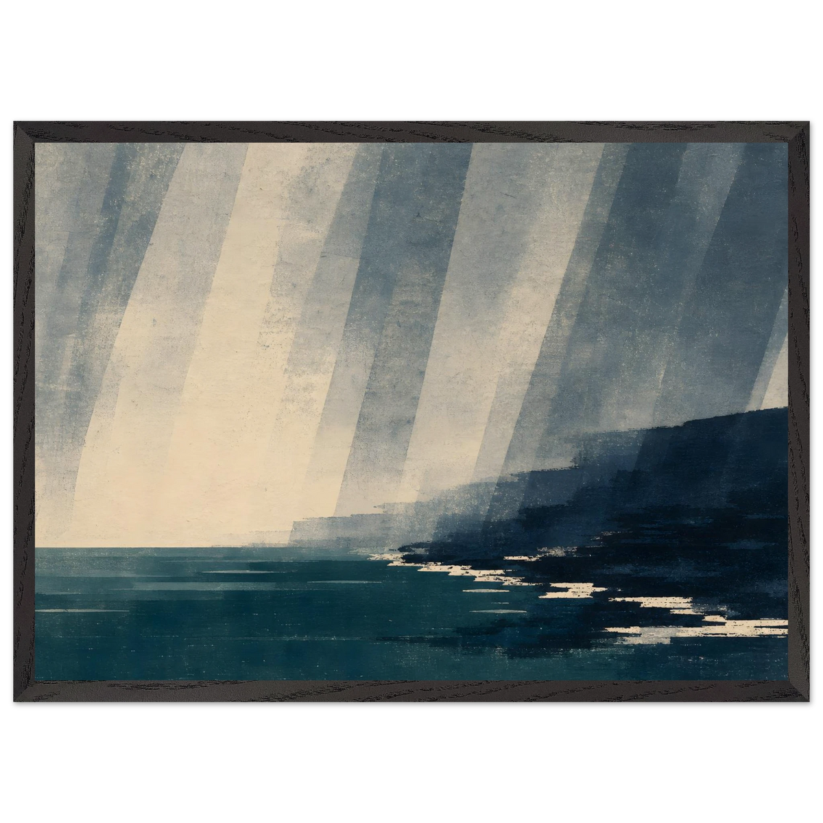 Rain Coast: japandi, teal blue and atmosphere. Framed fine art print by The Light Stays.