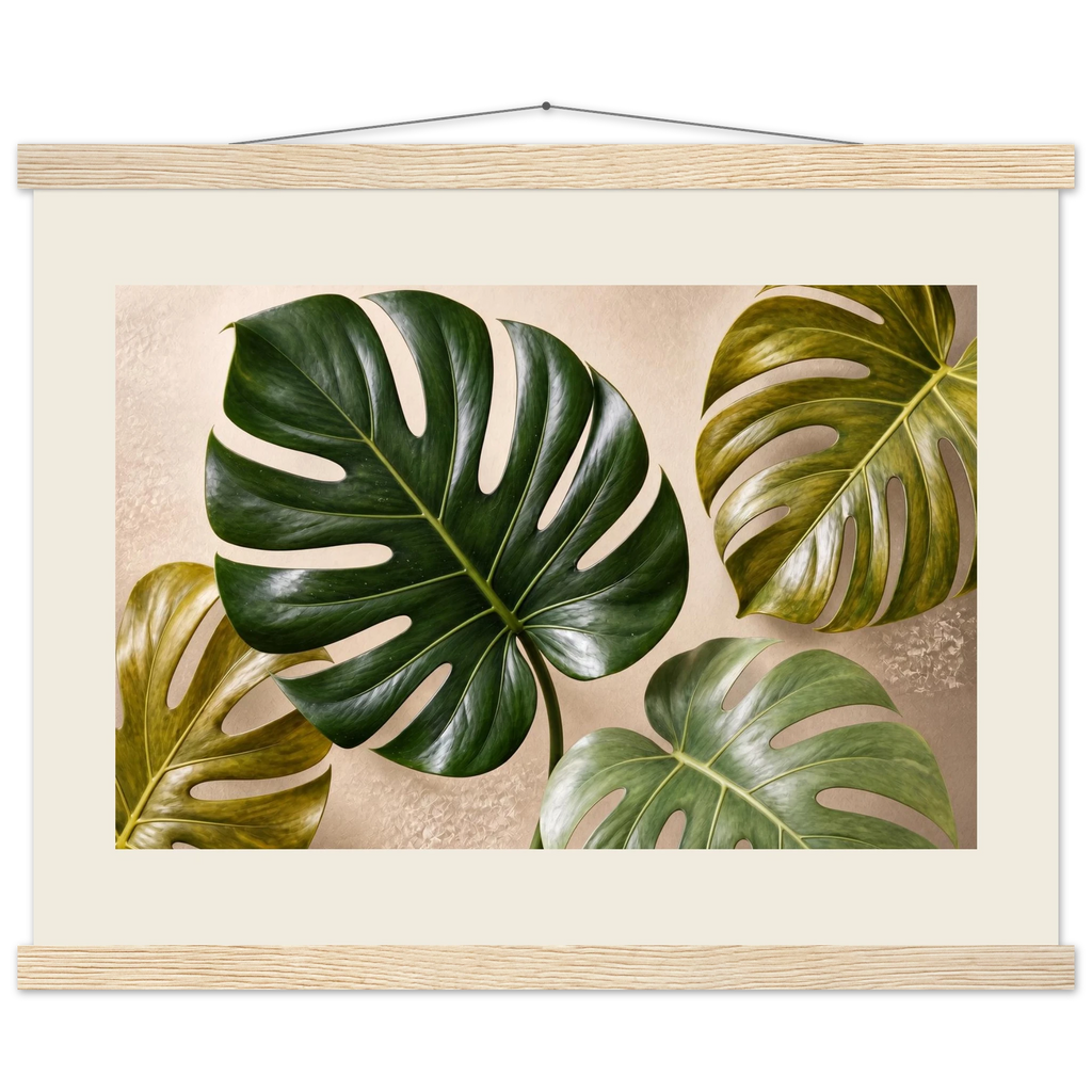Four Greens, leaves, vivid green and impasto. Archival fine art poster shown framed.