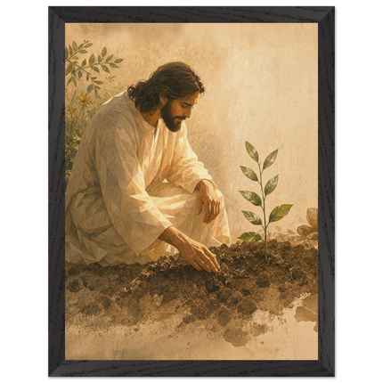 Pintura de Jesus cuidando de uma pequena semente brotando da terra em tons quentes de barro, em quadro emoldurado