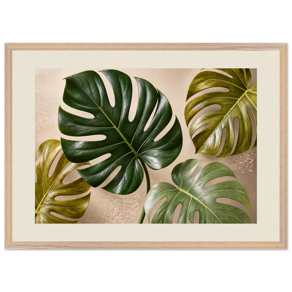 Four Greens: leaves, vivid green and impasto. Framed fine art print, alternate frame and size.