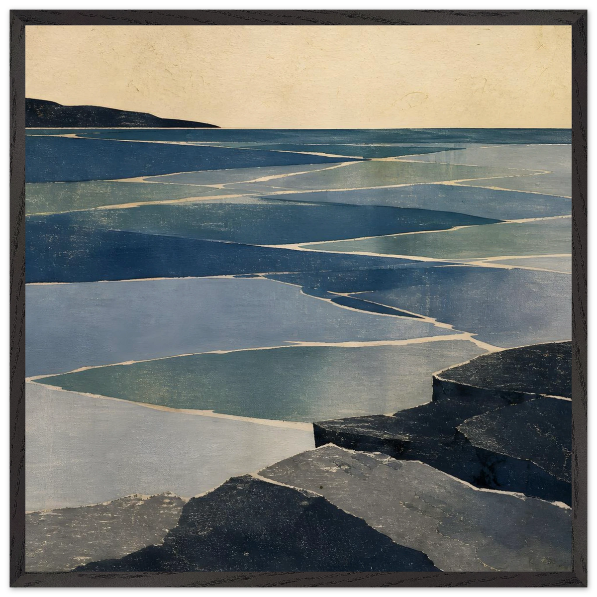 Indigo Tide: coastal landscape, jade water and japandi. Framed fine art print by The Light Stays.