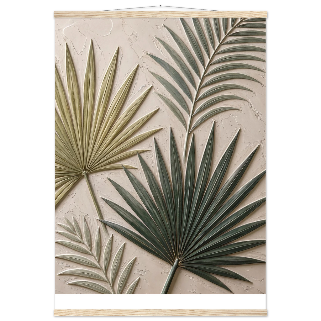 Carved Fronds, impasto, leaves and sand tones. Archival fine art poster shown framed.