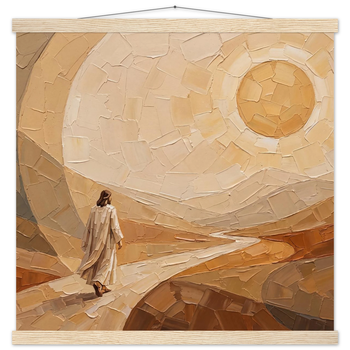 Lightfall: jesus, landscape and golden tones. Fine art poster with wooden hanger by The Light Stays.