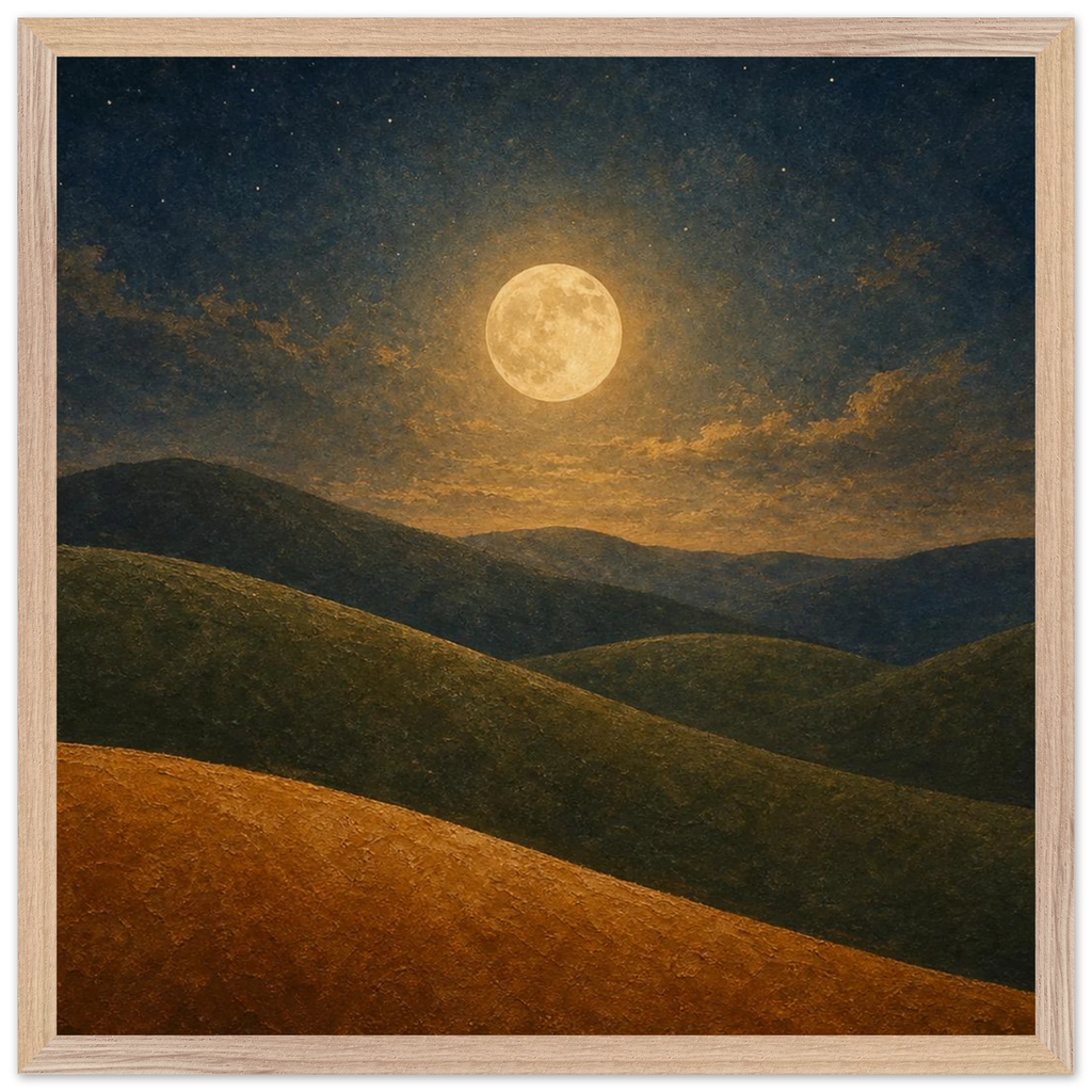 Quadro emoldurado Colinas da Lua, lua cheia sobre colinas em oliva e argila
