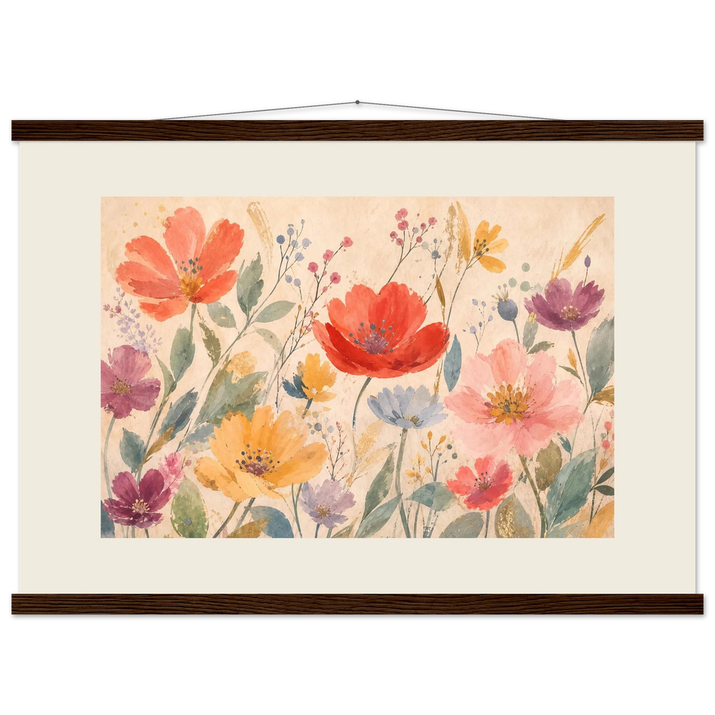 Floral Rhythm, flowers and botanical. Archival fine art poster shown framed.