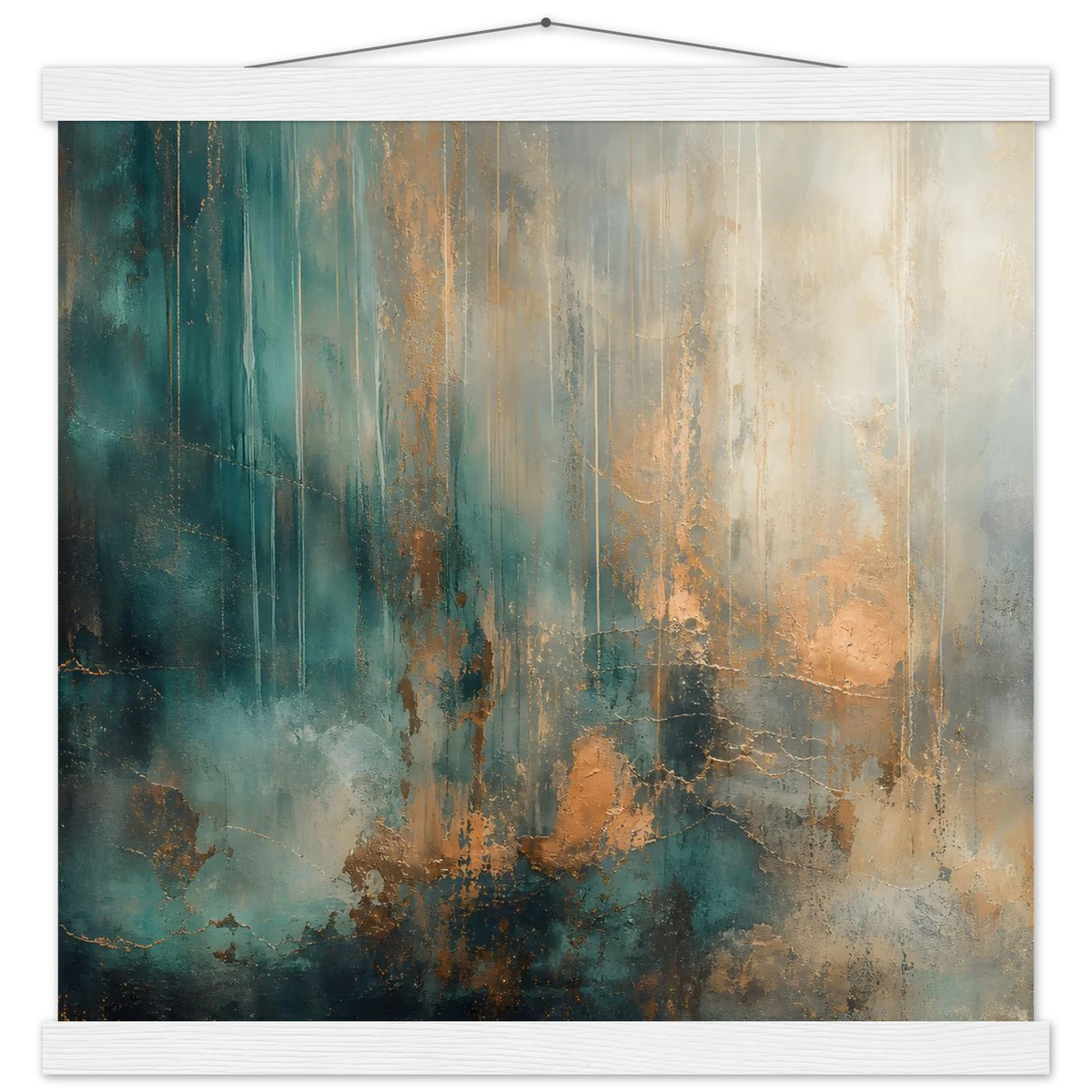 Copper Rain: abstract, texture and metallic tones. Fine art poster with wooden hanger by The Light Stays.