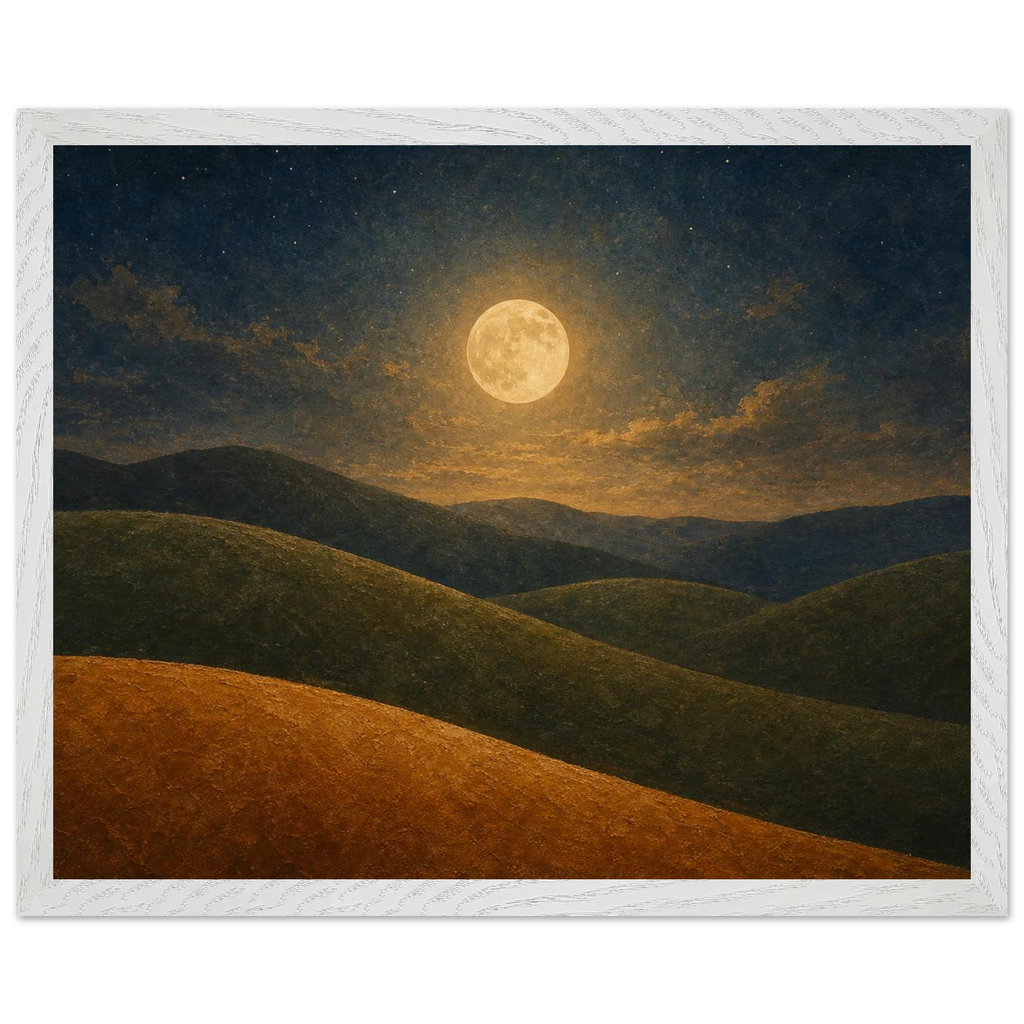 Quadro emoldurado Colinas da Lua, lua cheia sobre colinas em oliva e argila
