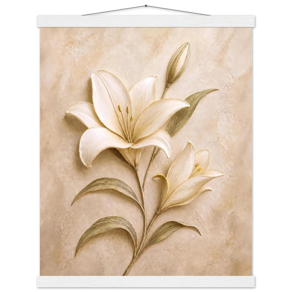 Alabaster Lily, flowers and botanical. Archival fine art poster shown framed.
