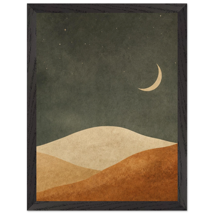 Pintura de lua crescente sobre duna de areia em terracota na noite quente, em quadro emoldurado