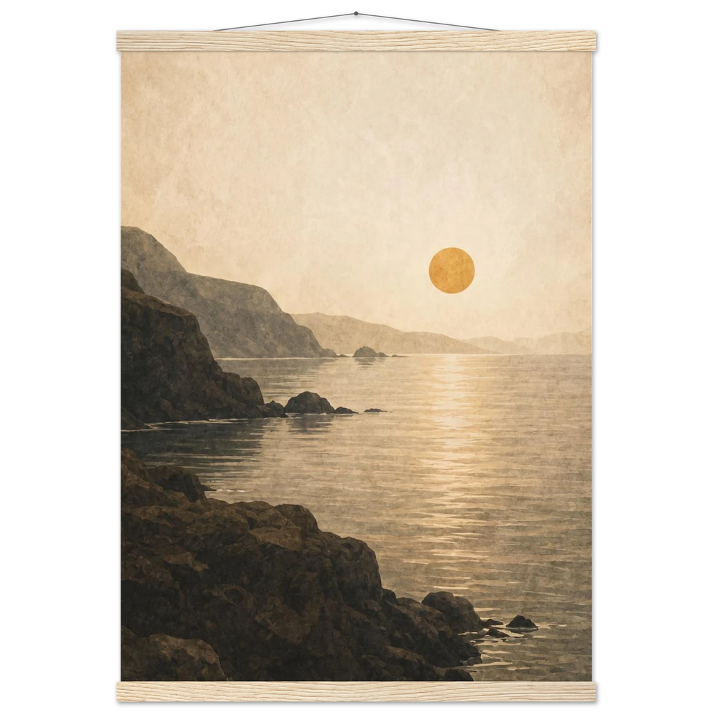 Pôster Amber Coast com suporte de madeira, pôr do sol em tons quentes sobre a costa