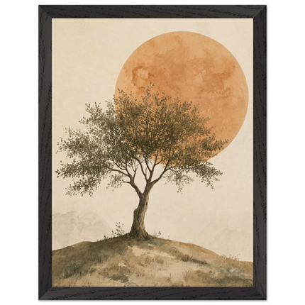 Pintura de oliveira diante de um grande sol âmbar sobre fundo bege com textura de papel, em quadro emoldurado