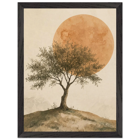 Pintura de oliveira diante de um grande sol âmbar sobre fundo bege com textura de papel, em quadro emoldurado