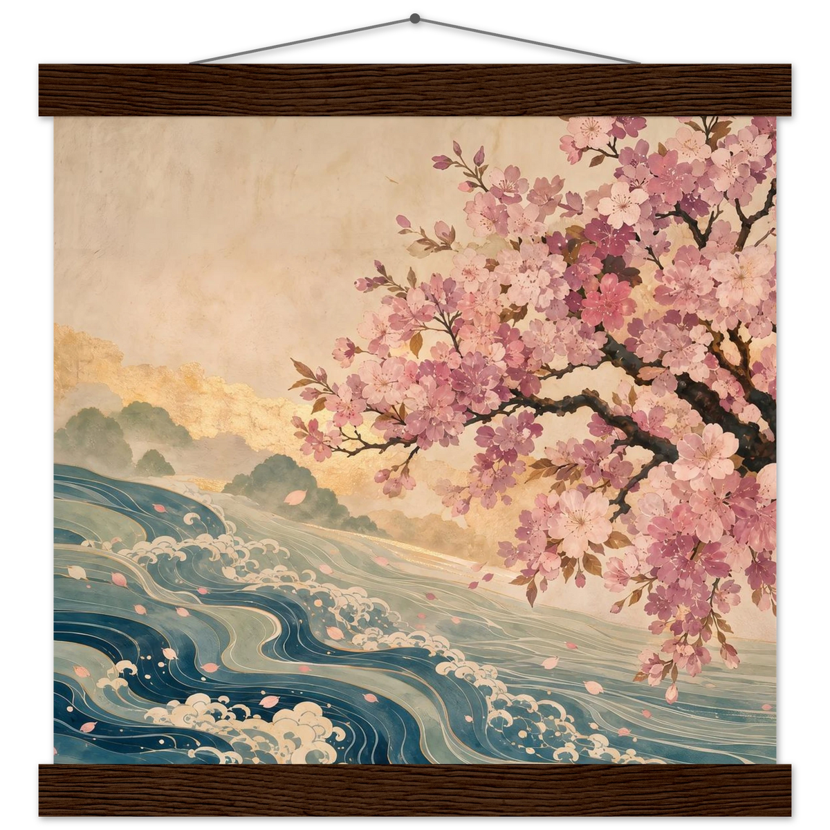 Blossom Tide: japanese art, cherry blossom and wave. Fine art poster with wooden hanger by The Light Stays.