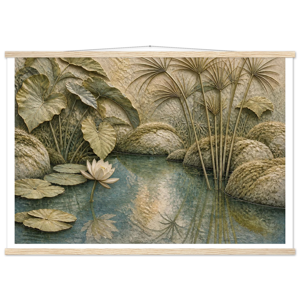Papyrus Pond: lake, papyrus and serene greens. Fine art poster, alternate frame and size.