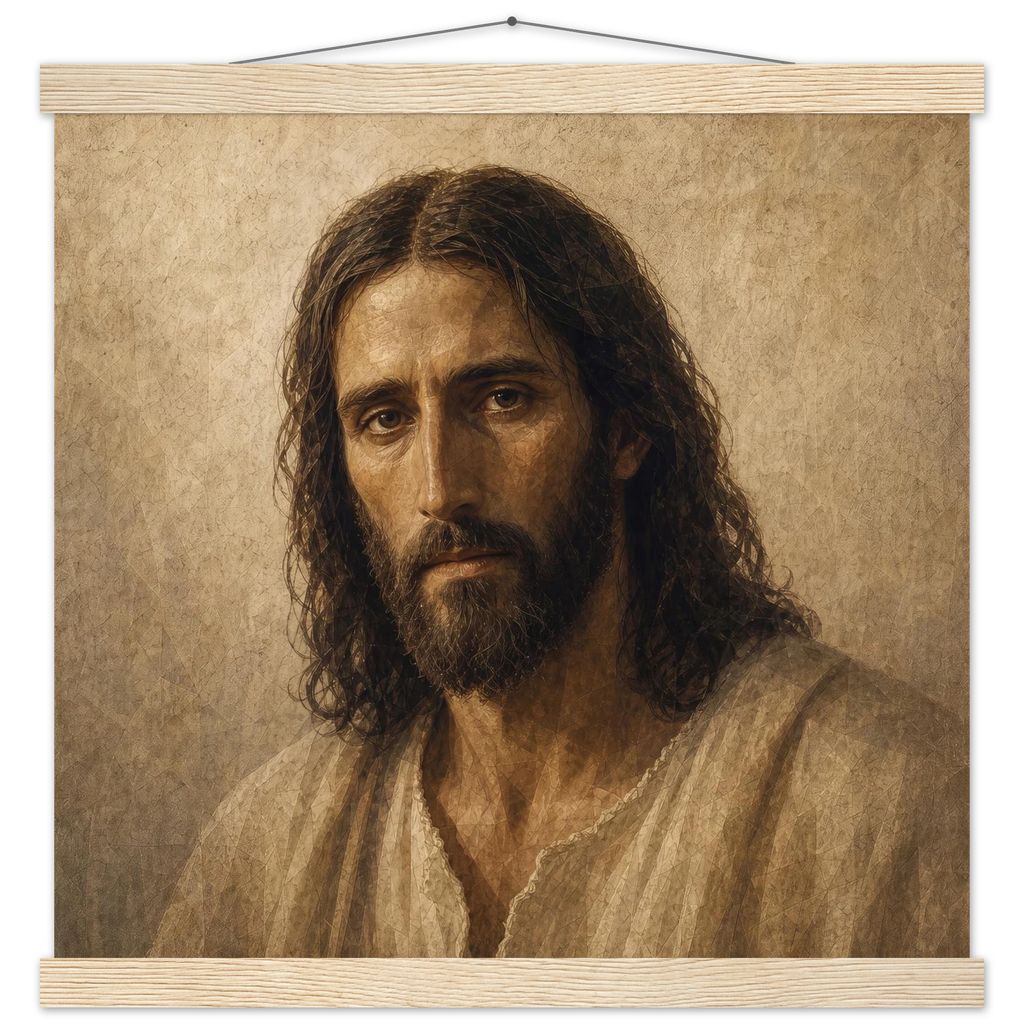 Pôster Kind Eyes com suporte de madeira, retrato sereno de Jesus em luz quente