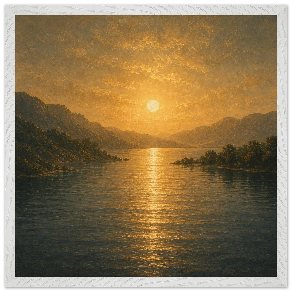 Quadro emoldurado Reflexo Dourado, lago e montanhas sob luz dourada